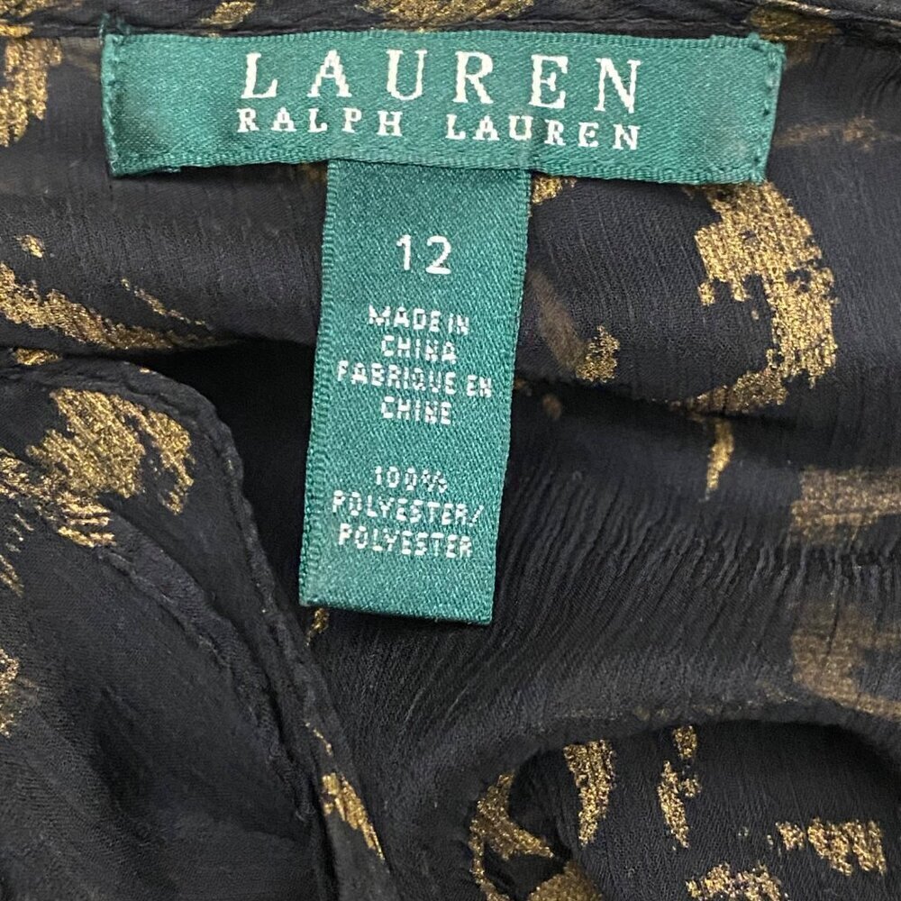 Lauren Ralph Lauren Black Chiffon Gold Floral Print Wrap Top Size 12 - Picture 7 of 7
